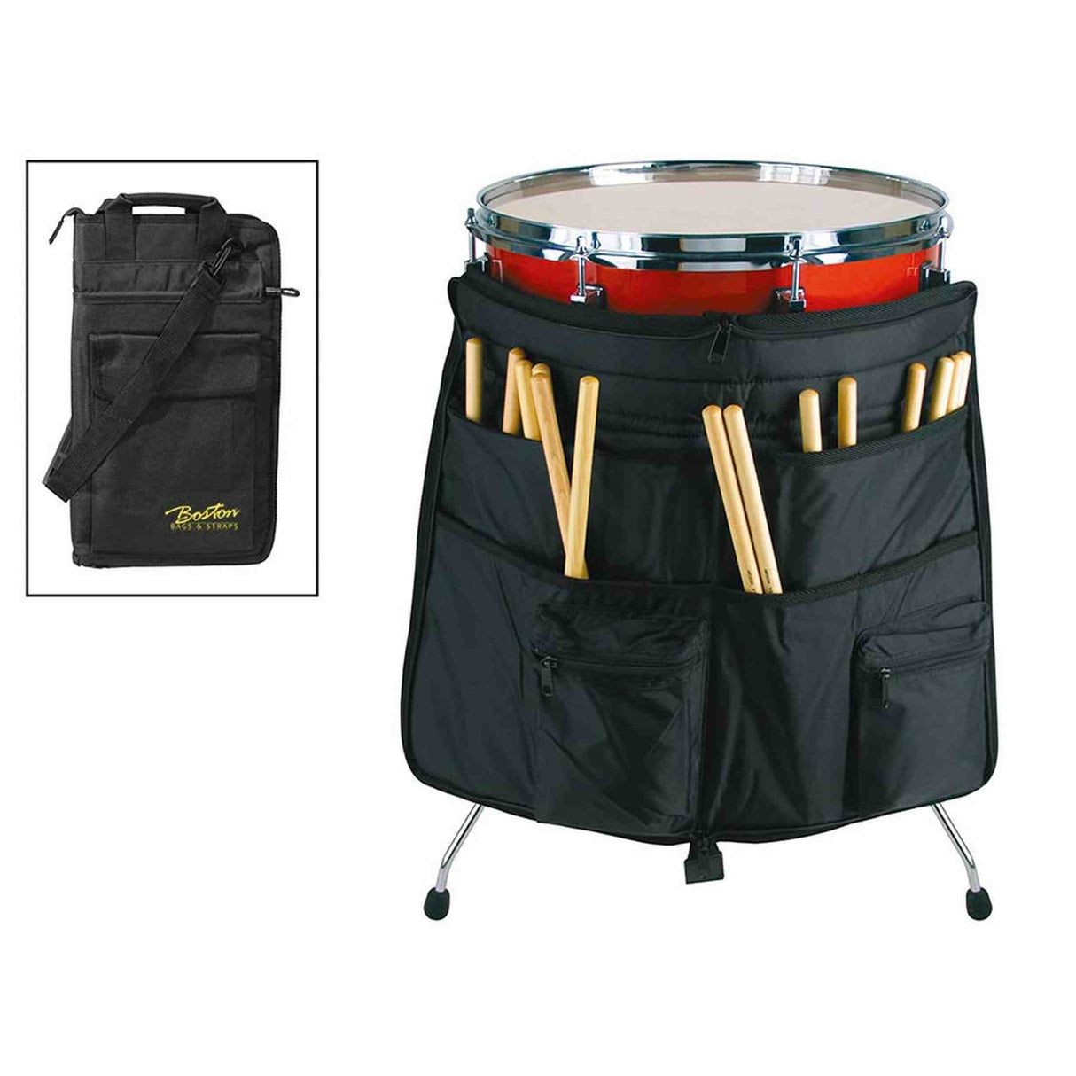 Boston ST-300 Drumstokkentas, professioneel model, met riem, accessoiresvak en floortom-bevestigingshaken