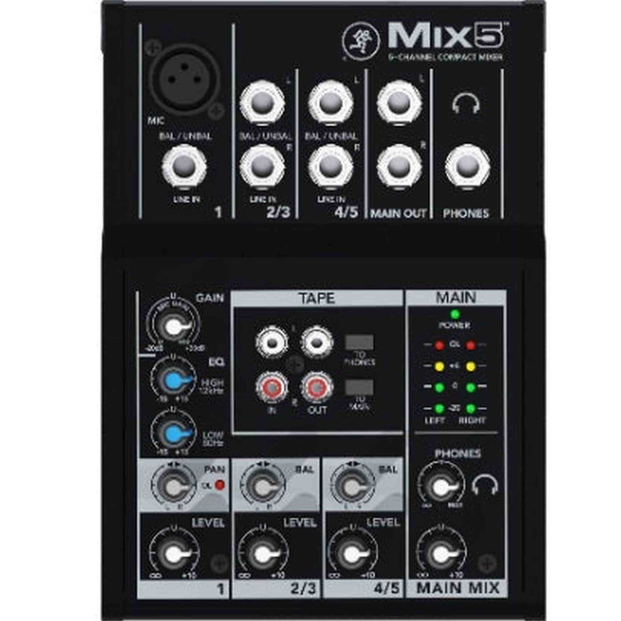 Mackie Mix5 Compact 5-kanaals mengpaneel met XLR, stereo in- en uitgangen en hoofdtelefoonuitgang