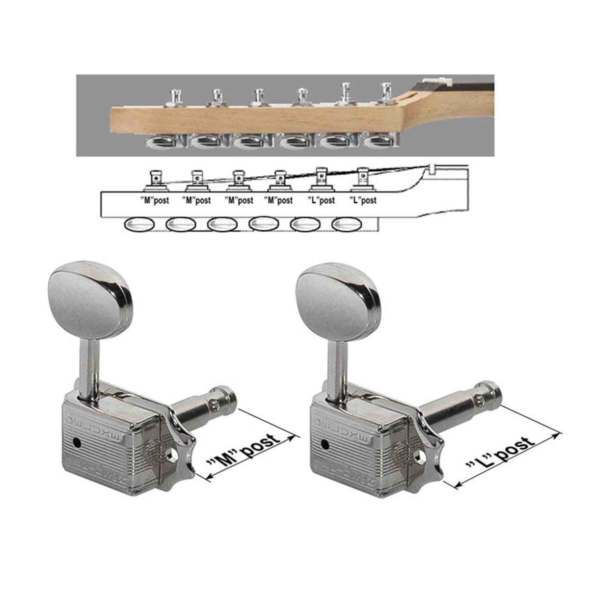 Wilkinson 162-NL-4M2L Stemmechanieken voor gitaar, met EZ LOK and staggered post height, 6x links, nikkel