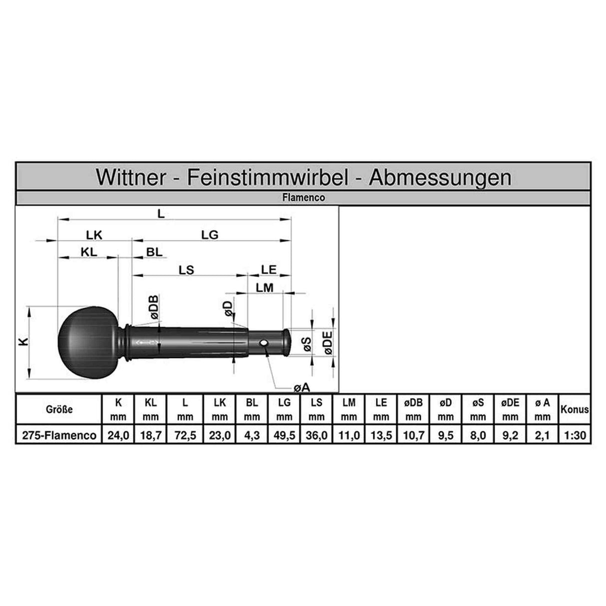 Wittner 275114M-FG Finetuner Peg voor Flamenco Gitaar - Ø 9,5 mm, Taper 1:30