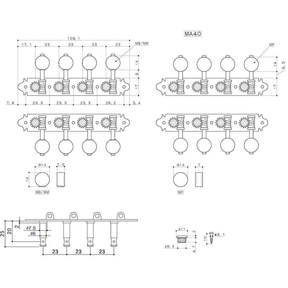 Gotoh GTH15792 MA40 A Stemmechanieken voor A-Style Mandoline, Nikkel, 1:14 Overbrenging