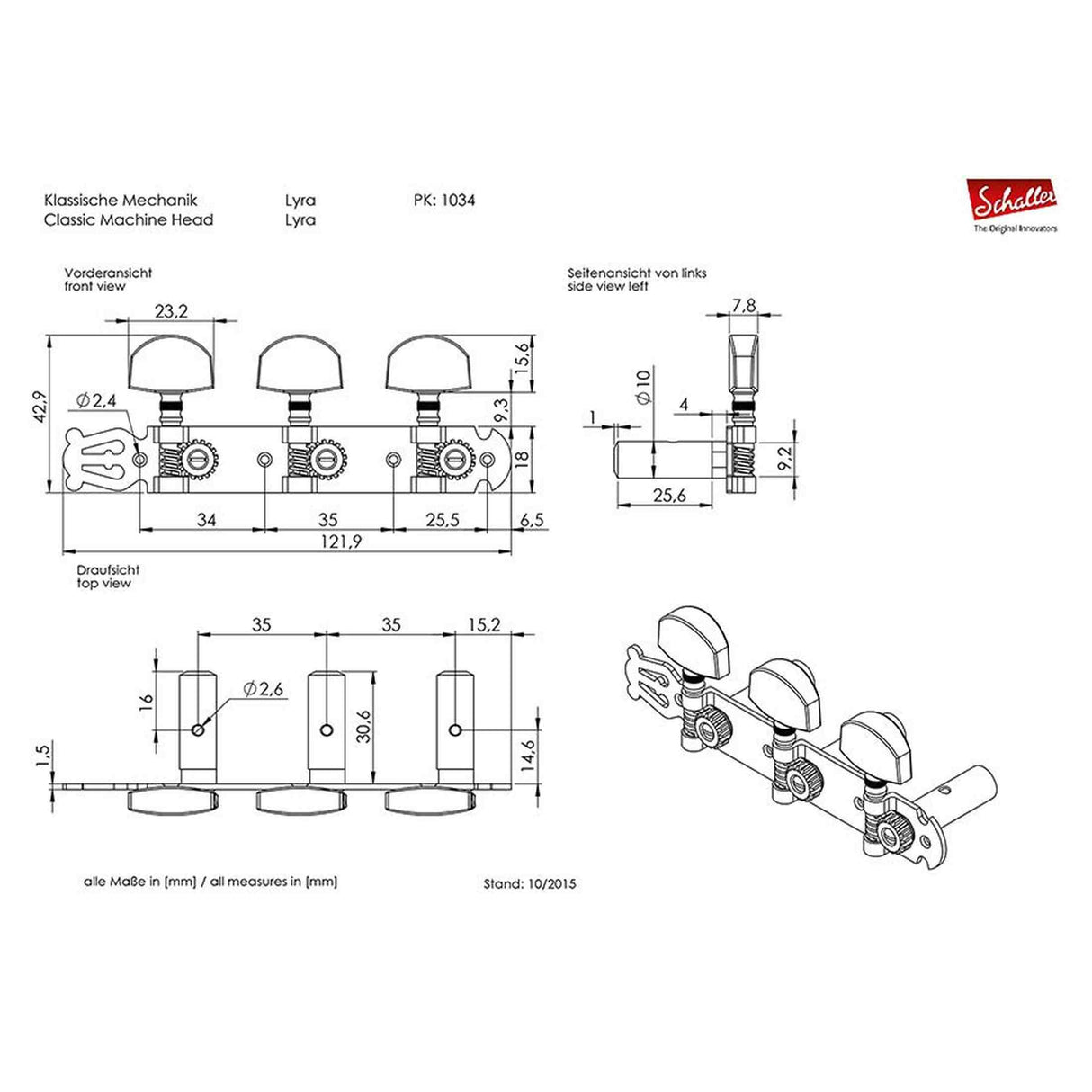 Schaller 1034056331 Lyra Stemmechanieken Goud met Witte Acryl Knoppen en Witte Snaarrollen