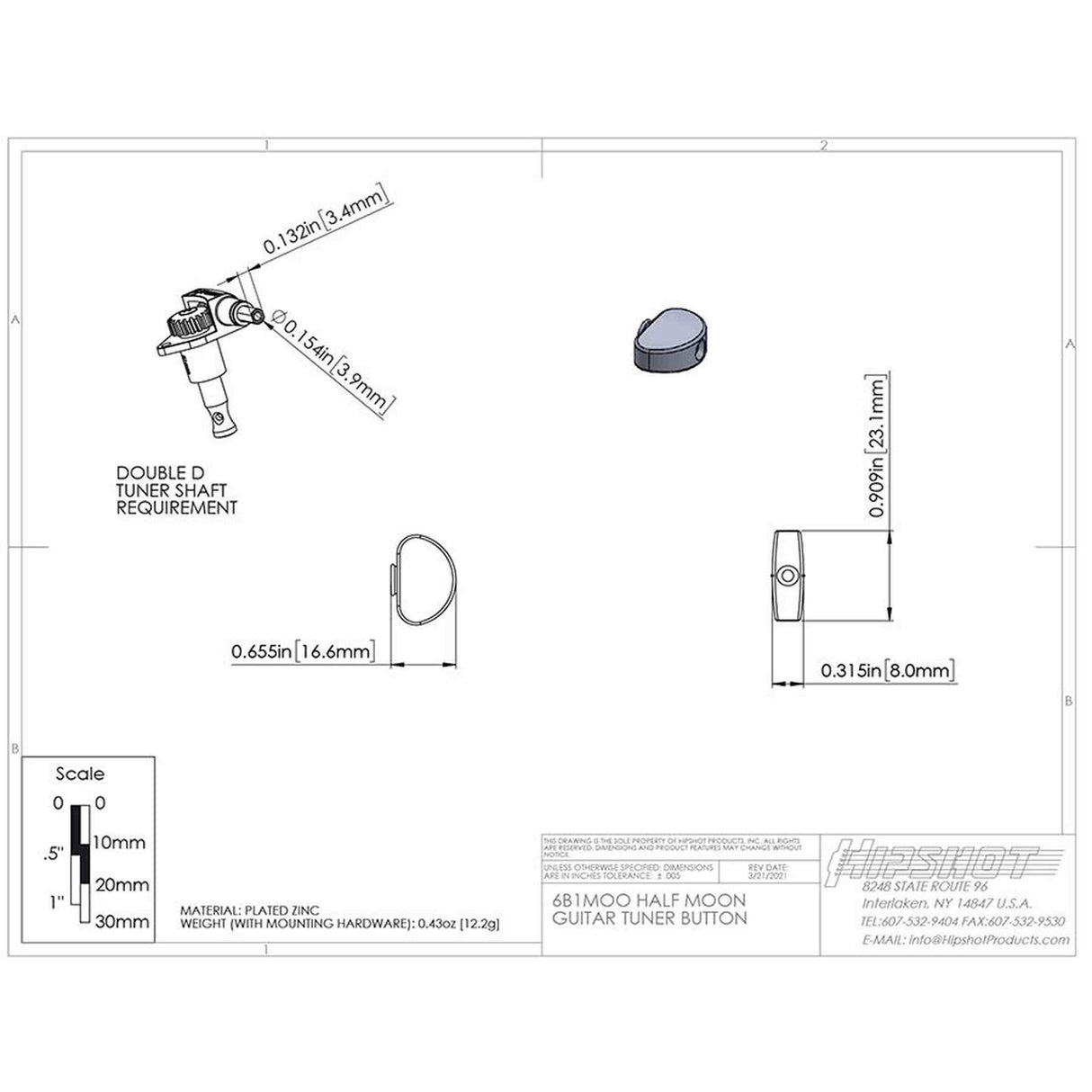 Hipshot HS6B1MOON Half Moon Stemknop voor Gitaarmechaniek Nickel, per stuk