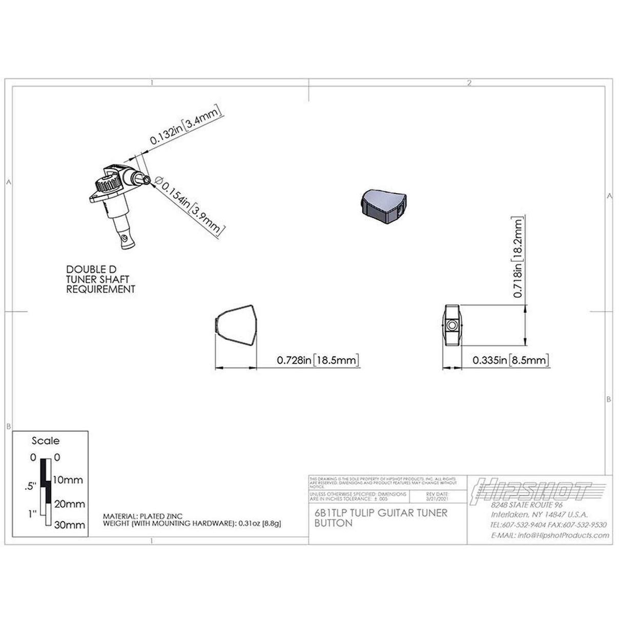 Hipshot HS6B1TLPS Tulip Stemknop voor Gitaarmechaniek Satin, per stuk
