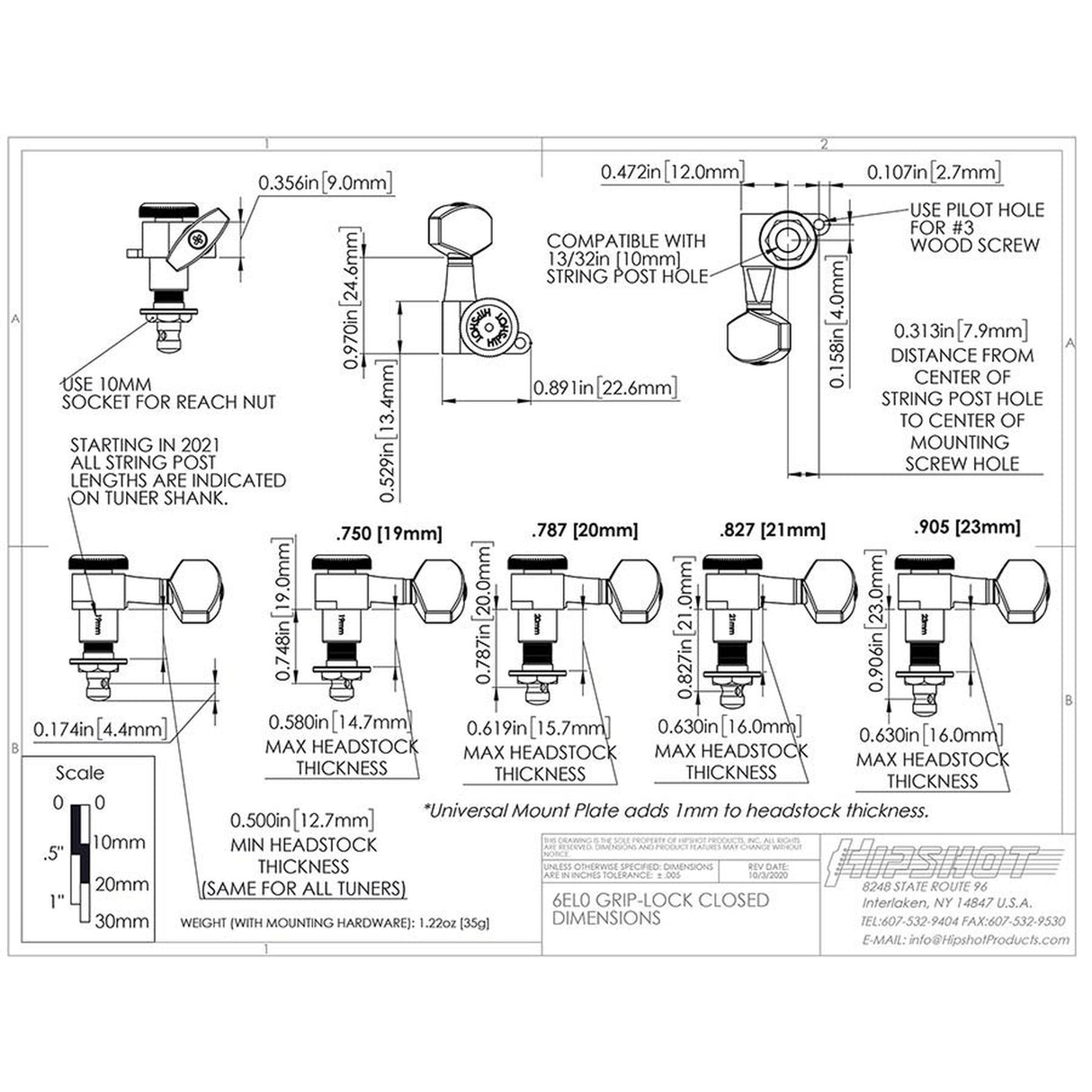 Hipshot HS6K1EL0GST Gitaar tuner upgrade kit, 6 inline Grip-Lock, closed goud staggered