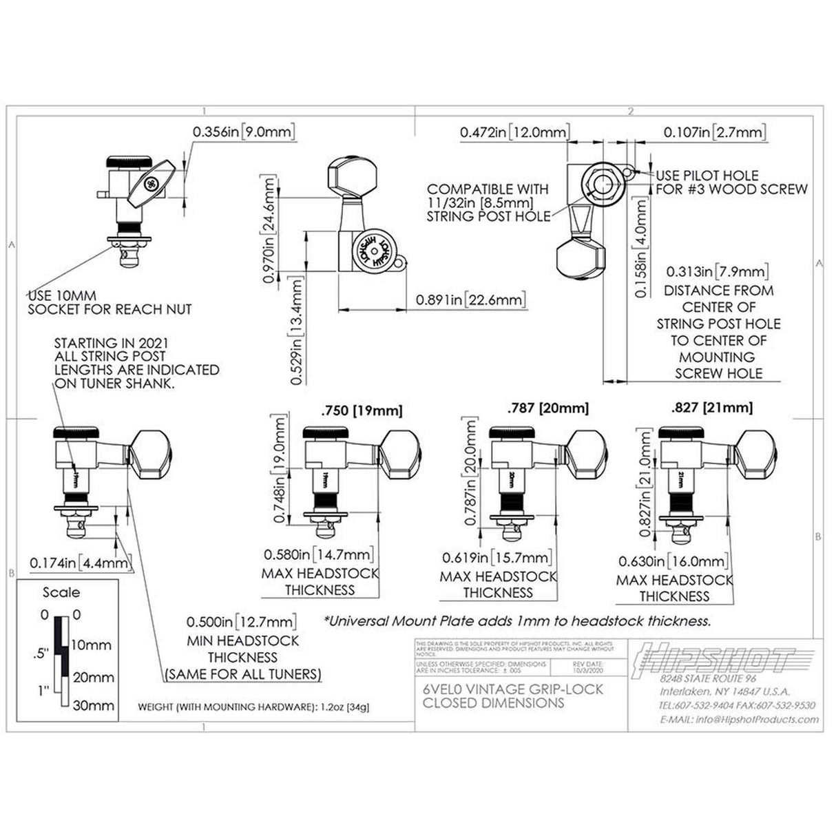 Hipshot HS6K1VEL0NS Vintage gitaar tuner upgrade kit, 6 inline Grip-Lock, closed nikkel staggered