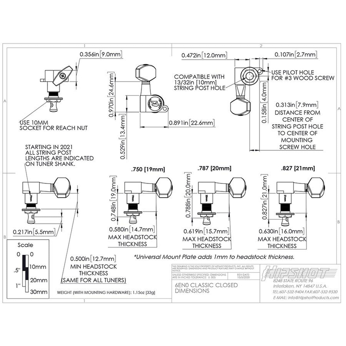 Hipshot HS6K2EN0S Gitaar tuner upgrade kit, 3 + 3 classic, closed satin