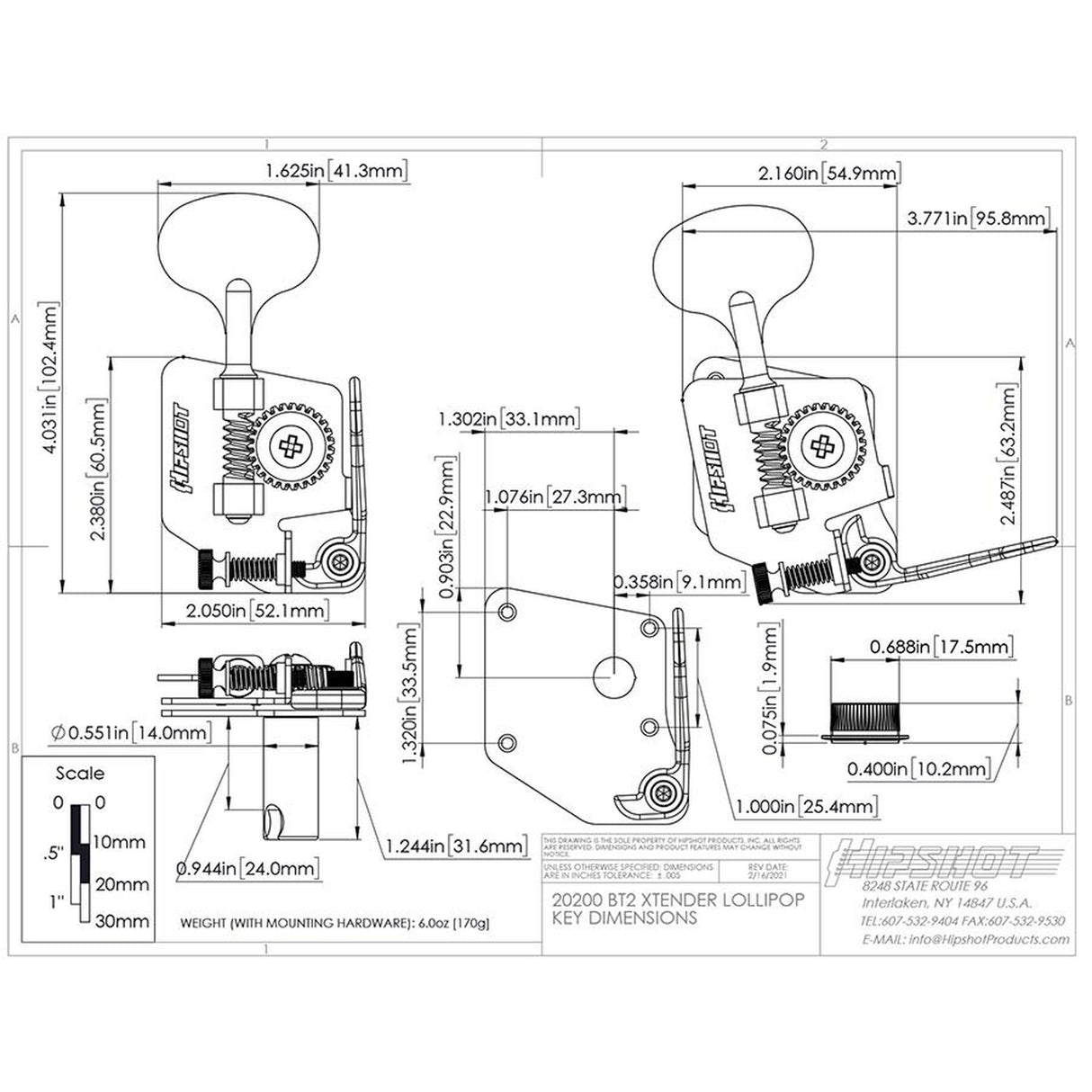 Hipshot HS20200LN BT2 Bass Xtender, for '67-'82 USA F-style and Schaller BMF, lollipop key, nickel