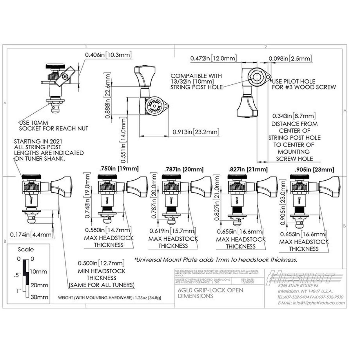 Hipshot HS6GL0B-21 Guitar tuner, Grip-Lock open, 21.0mm (0.827") post height, bass side, zwart