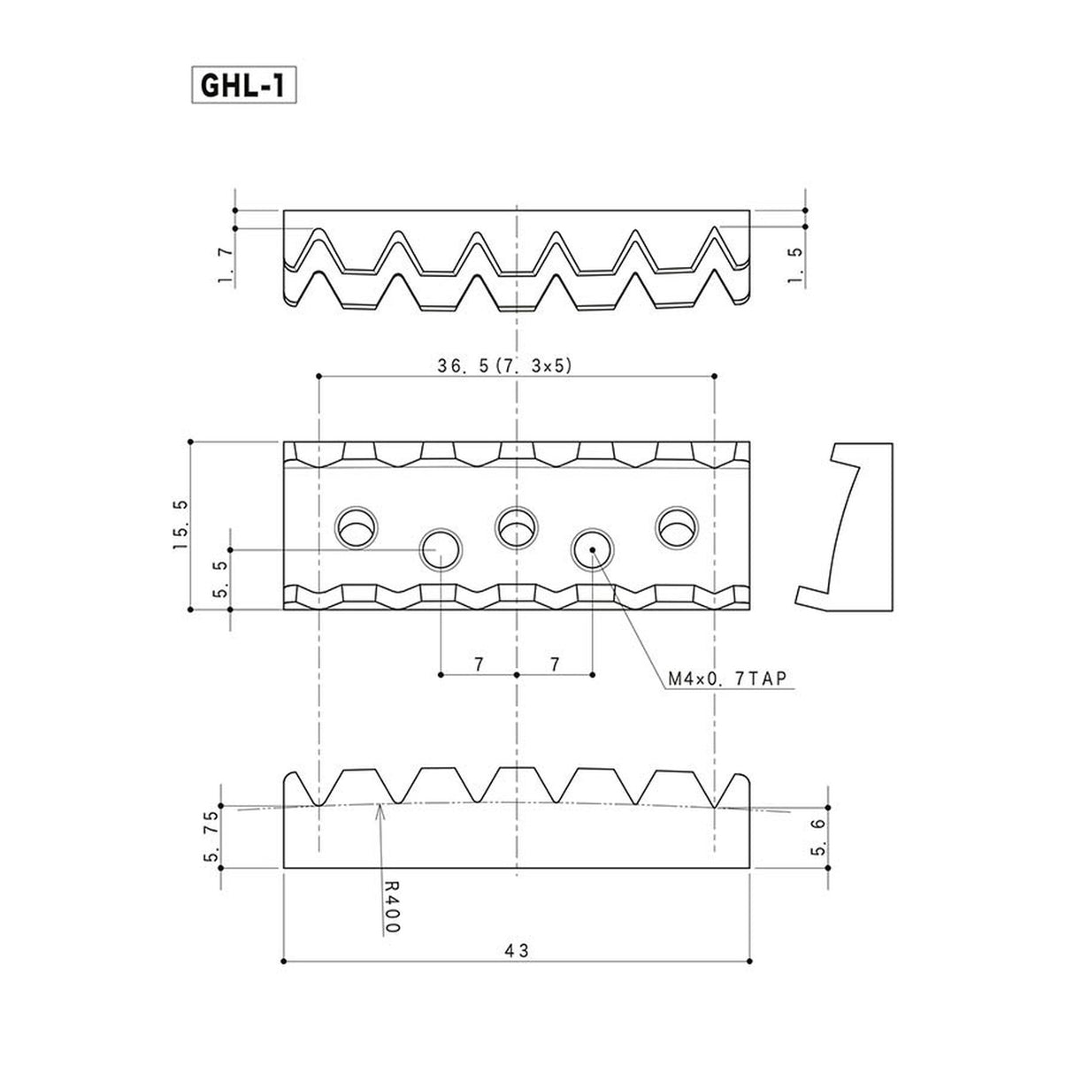 Gotoh GHL-1GG locking nut, 43mm width, 36.5mm string spacing, through neck type, gold
