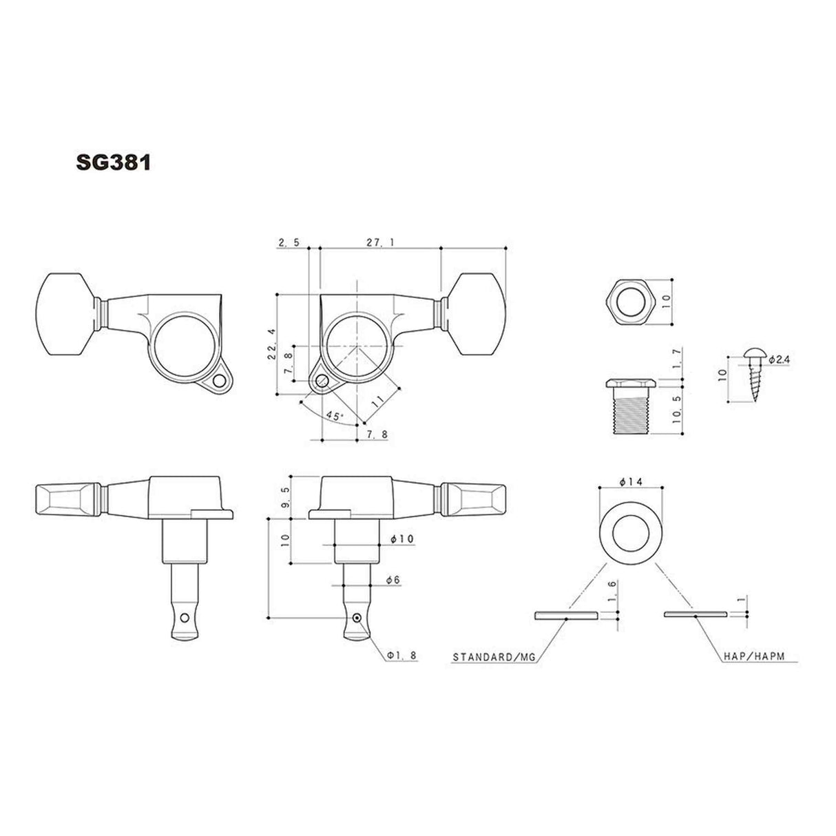 Gotoh GTH14090 SG381 stemmechanieken met Magnum Lock Trad and 07 knoppen, 6R, chroom