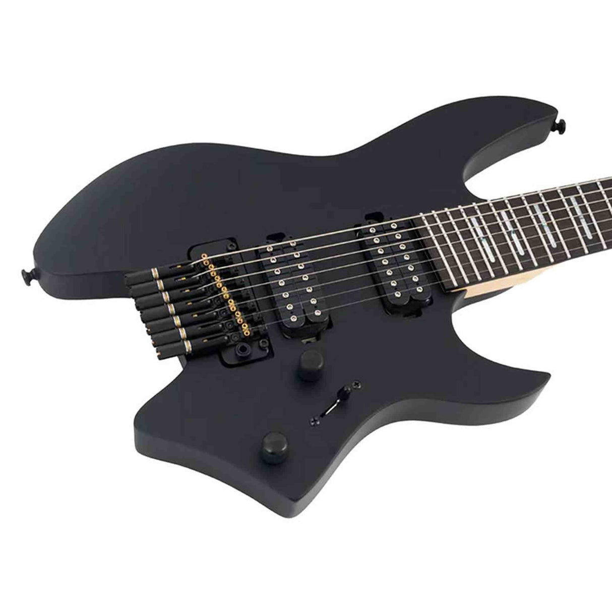 Sire X6H7/BKS elektrische gitaar – 7-snarig headless model, mahonie met maple top, Black Satin, HH-configuratie, stainless frets, met gigbag