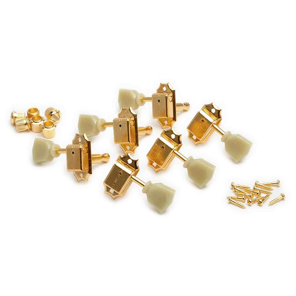 Kluson M33VG Stemmechanieken voor gitaar "Single Line", 3x links + 3x rechts met tulip knoppen, goud