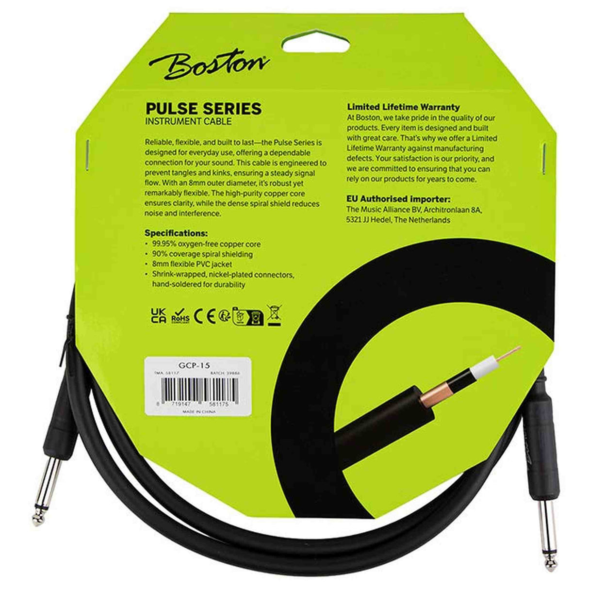Boston GCP-15 Pulse Series instrumentkabel jack-jack 1,5 meter