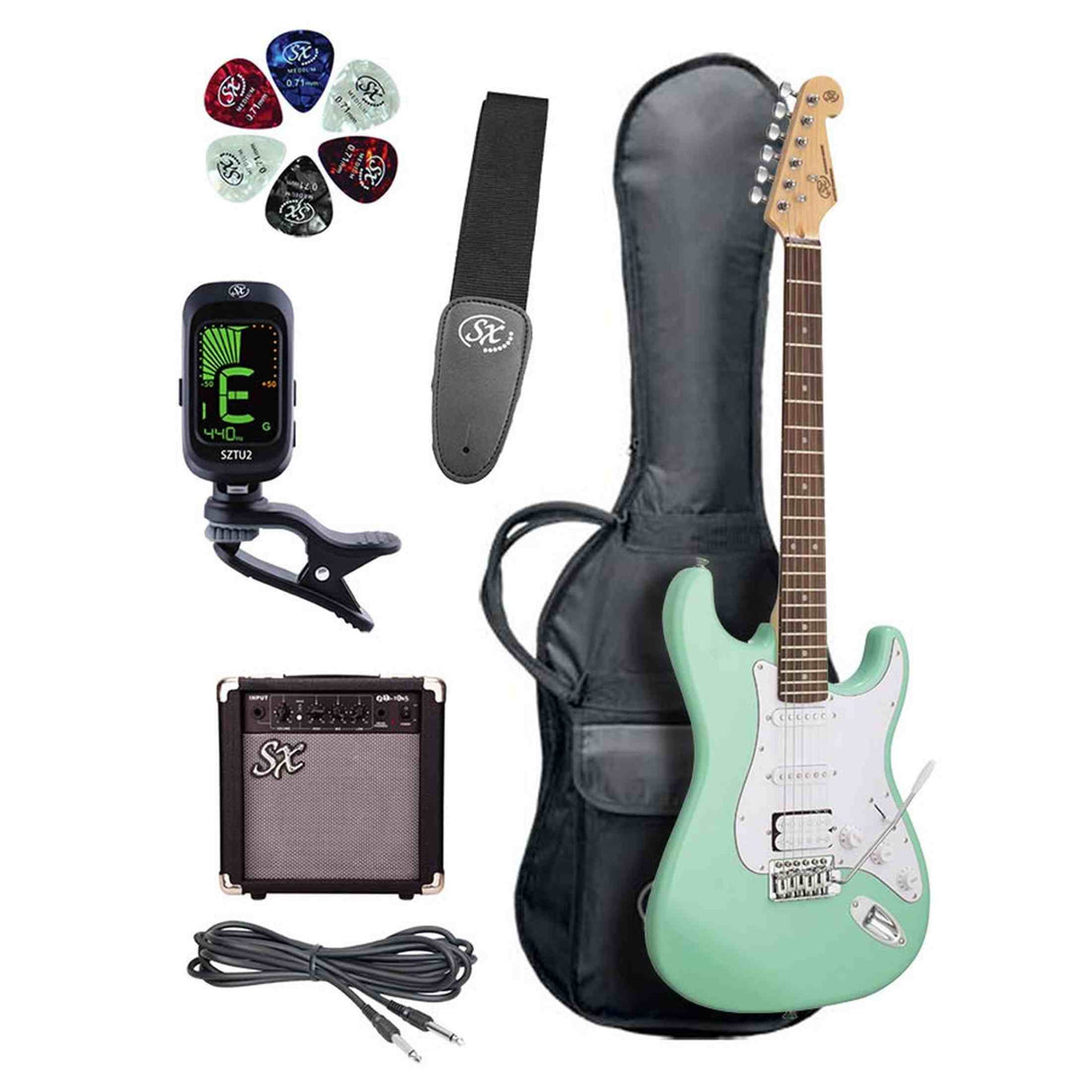 SX SE1HSS-SK-SGN ST elektrische gitaar set 4/4 HSS Surf Green met 10W versterker