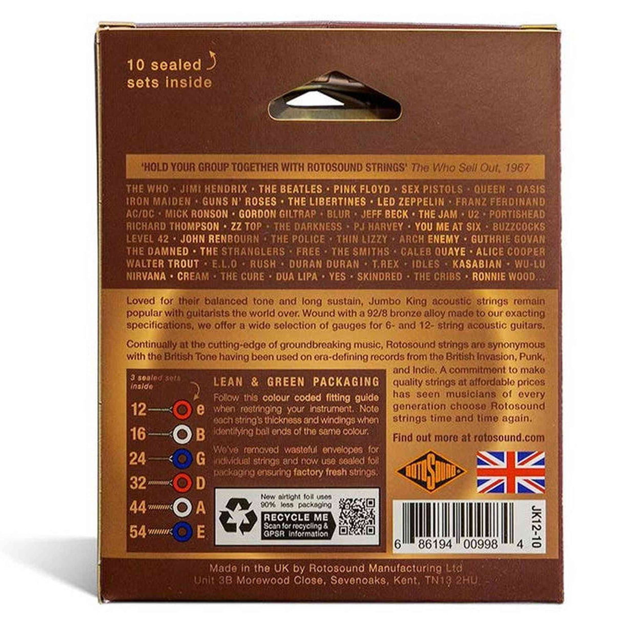Rotosound JK12-10 Jumbo King 10-Pack Snarensets Akoestisch 012–054 – Phosphor Bronze