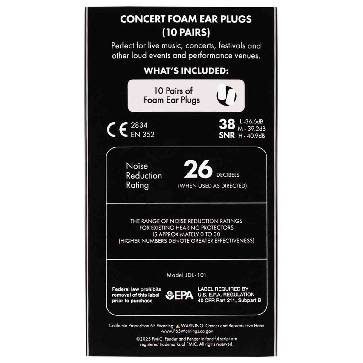 Fender 0990545003 Oordoppen Concert Schuim 10 Paar Geluidsbescherming