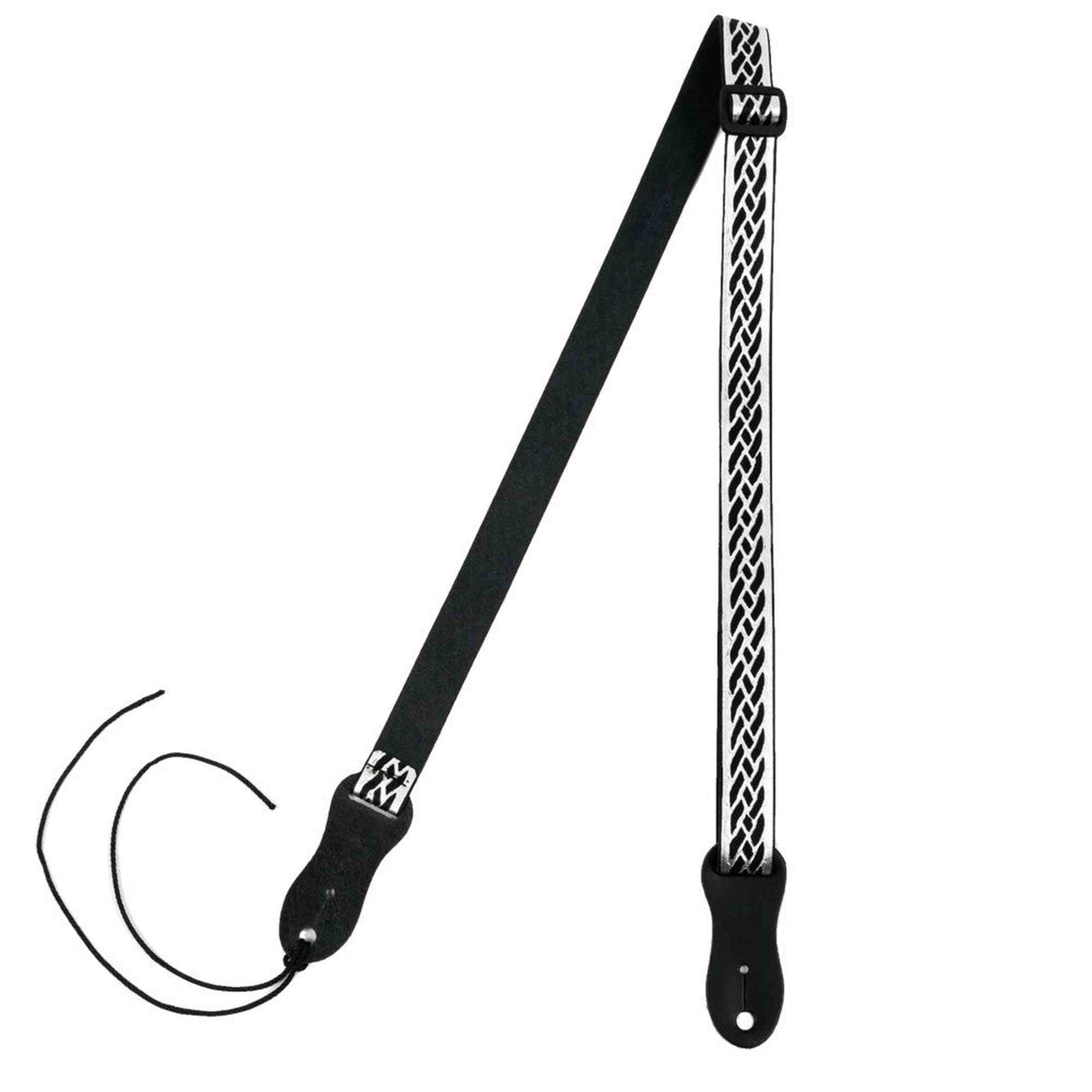 Flight S47 Black Silver Ukulele Strap Vegan Nubuck with Braided Pattern and Headstock Tie