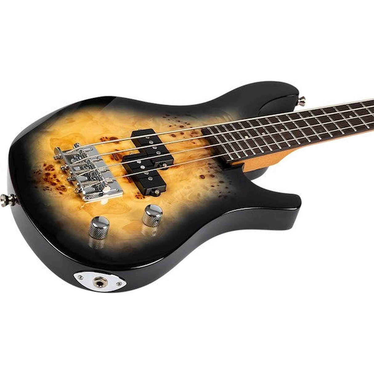 Flight Mini Bass PBR Elektrische Mini Bas Ukulele met Poplar Burl Top, Mahonie Body en Alnico 5 Pickup