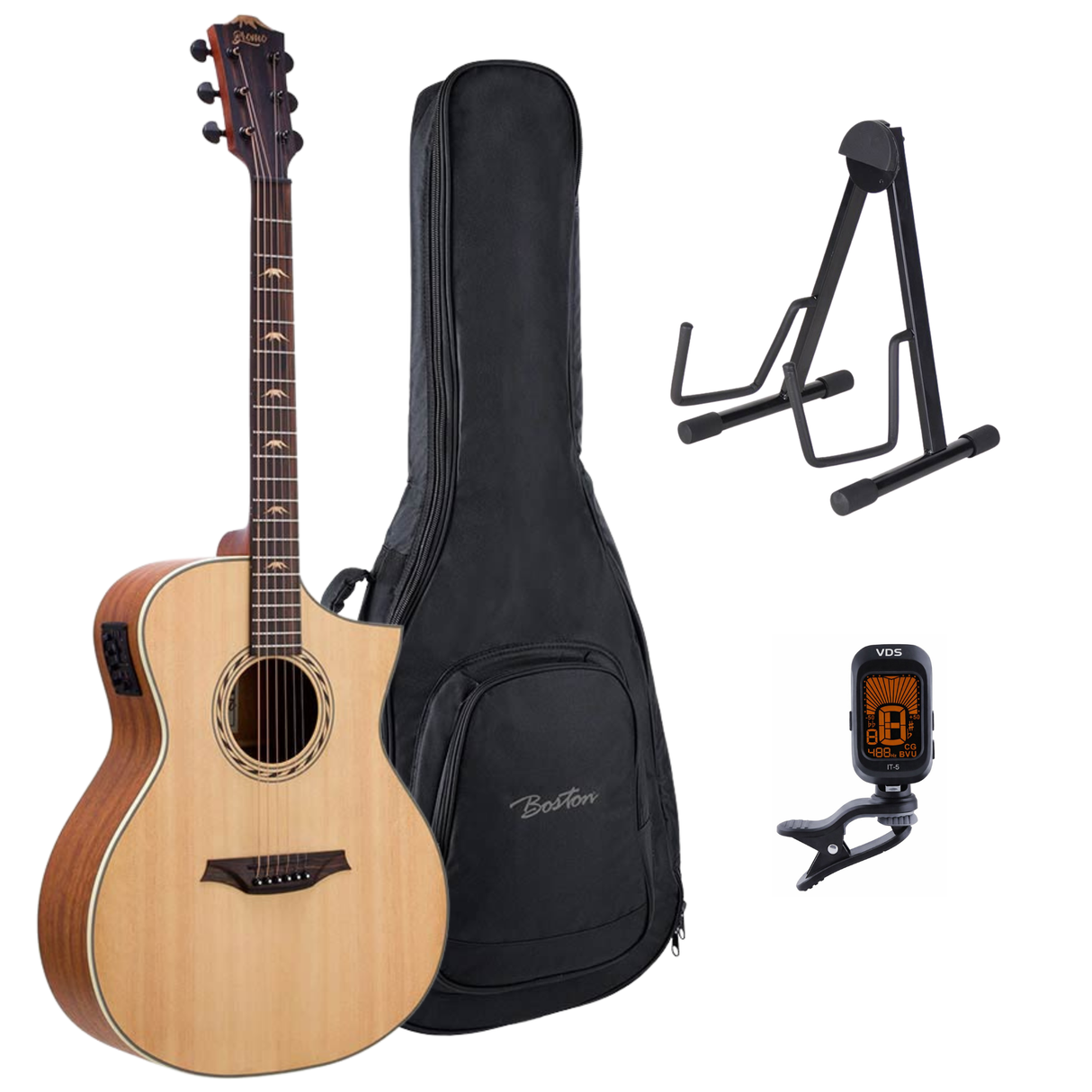 Bromo BAA4CE Appalachian Series Gitaarset β Hillside Auditorium Cutaway met Preamp, Gigbag, Standaard en Tuner