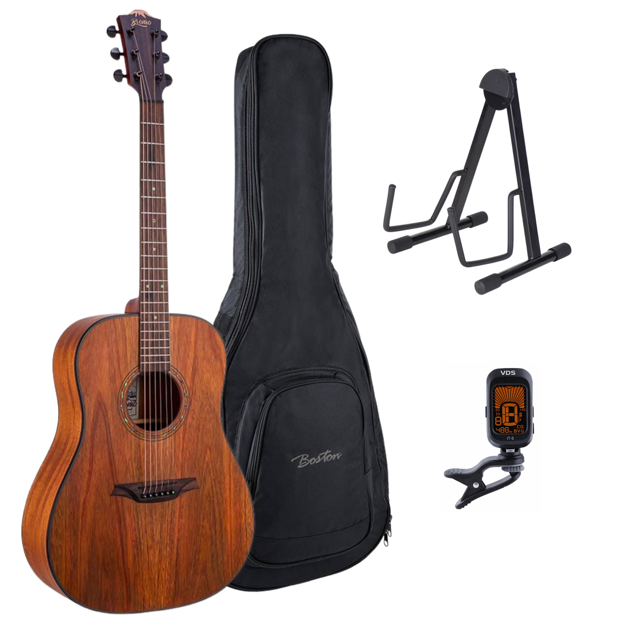 Bromo BAT1M Tahoma Series Gitaarset β Dreadnought met Massief Mahonie Bovenblad, Gigbag, Standaard en Tuner