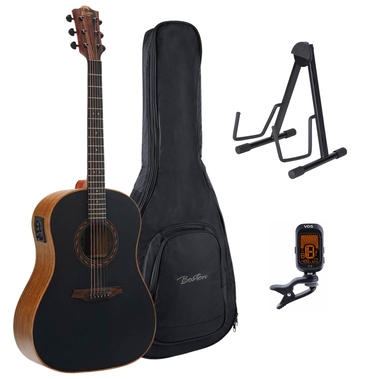 Bromo BAT9ME/BK Tahoma Series Gitaarset β Round Shoulder Dreadnought met Massief Mahonie Bovenblad en Preamp