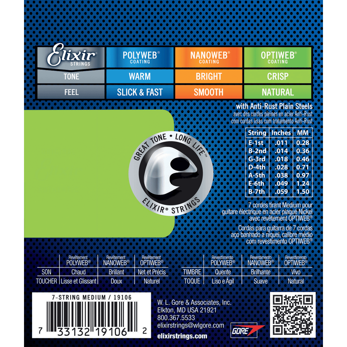 Elixir 19106 Optiweb elektrische gitaarsnaren Medium 7-String 011-059
