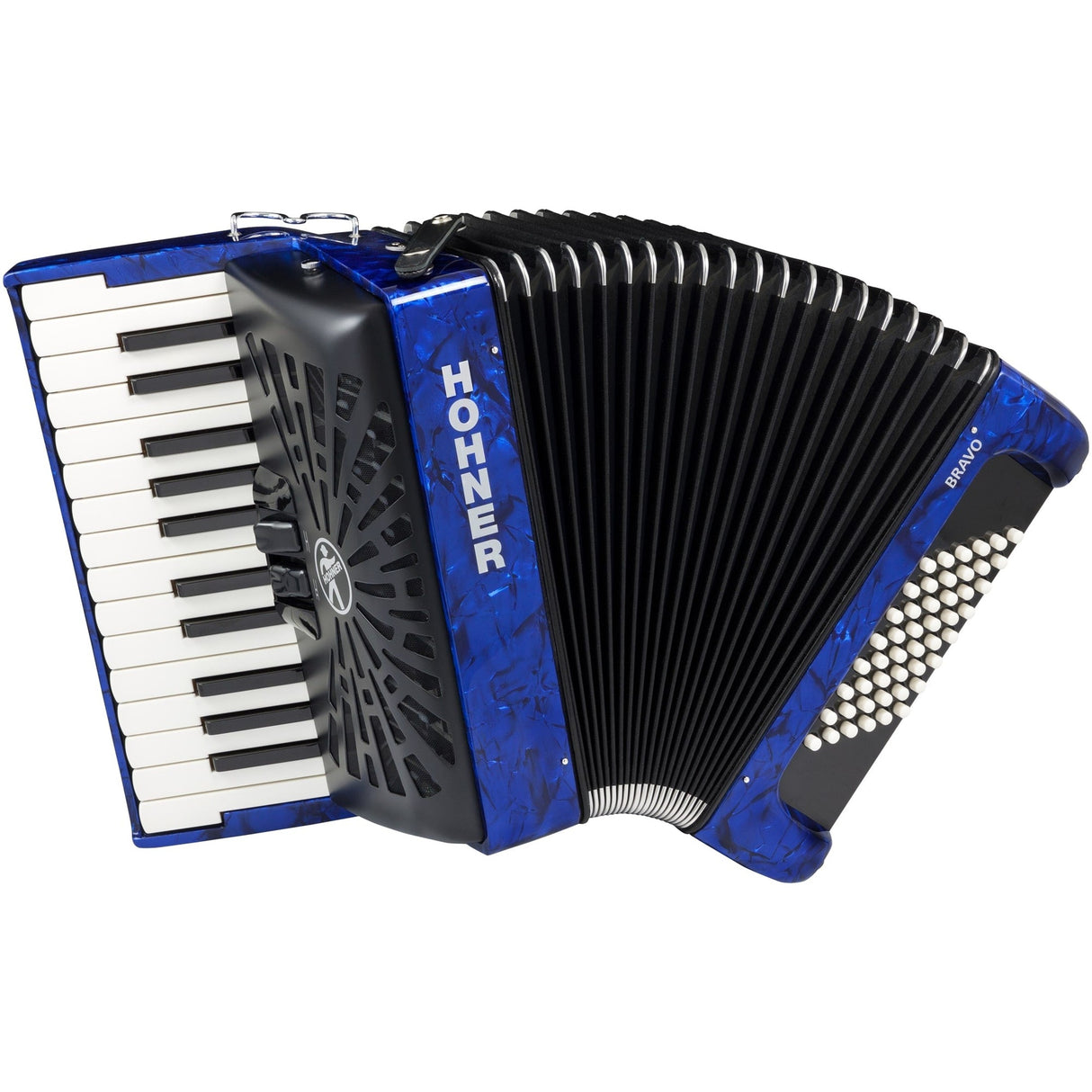HOHNER A16542 Bravo II 48 Accordeon Blauw – 26 toetsen, 48 bassen, Silent Key, met gigbag en draagriem