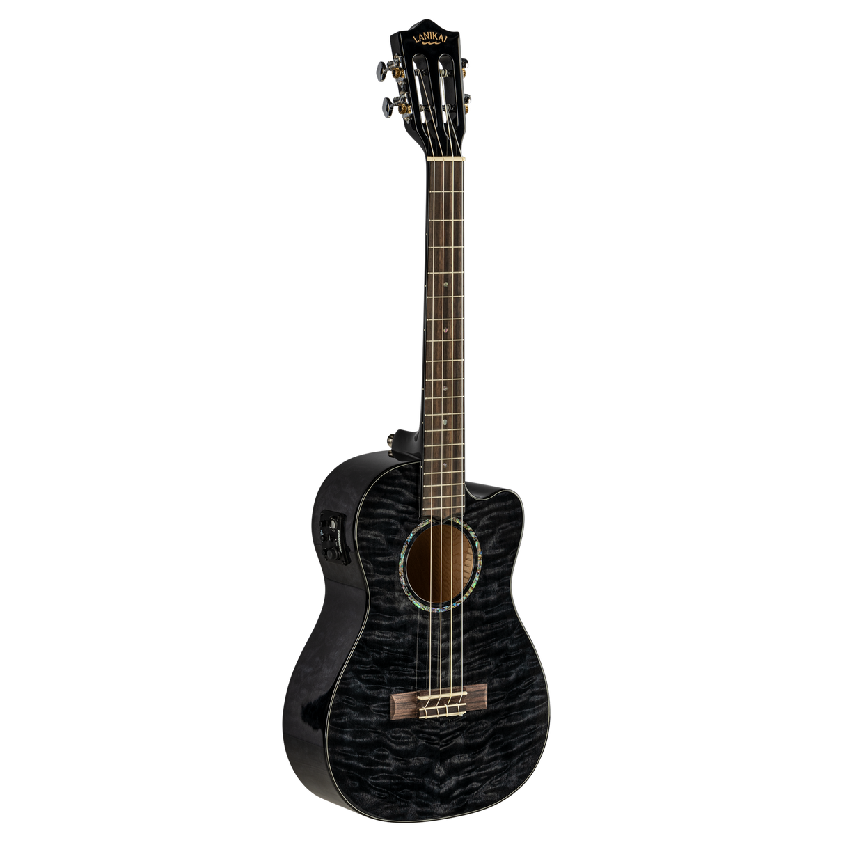 LANIKAI LKUQMBKCEB Baritonukulele, Quilted Maple Series, zwart, Cutaway, Preamp,