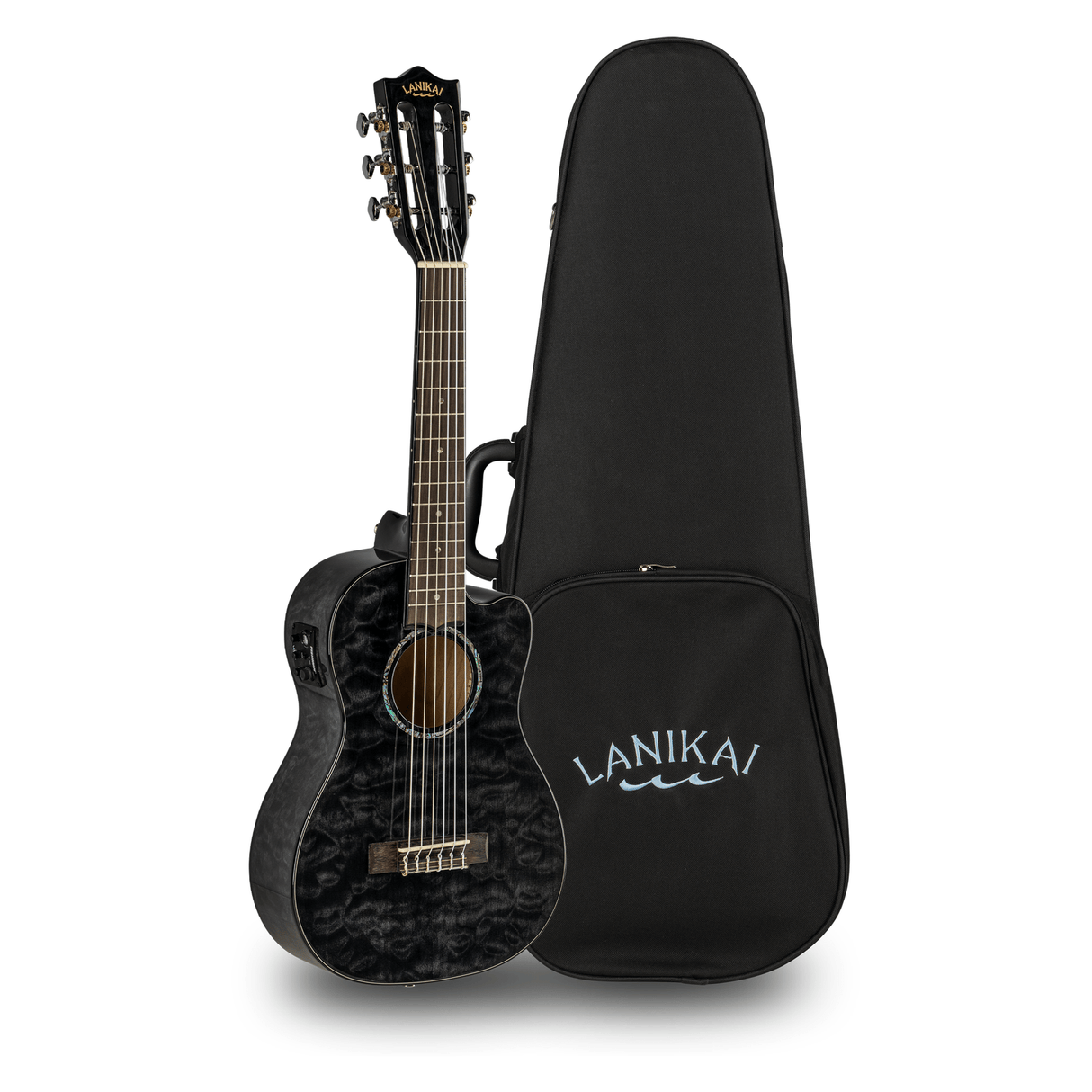 LANIKAI LKUQMBKCEG Guitarlele, Quilted Maple Serie, Black, Cutaway, Preamp, Softc