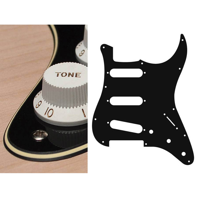 Boston ST-313-BC pickguard, Stallion, standard, SSS, 3 pot holes, 3-5 switch, 3 ply, black and cream