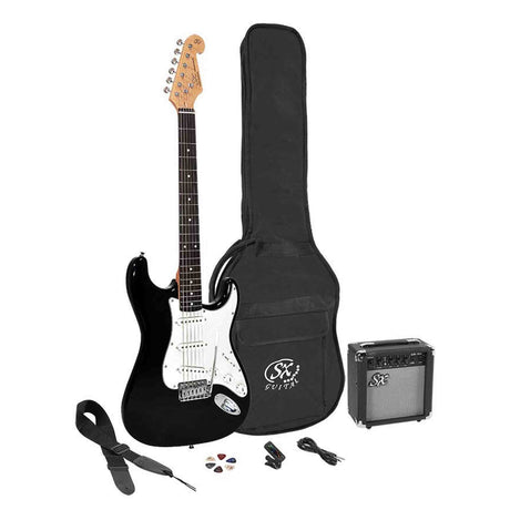 SX SE1SK-BK elektrisch gitaarpakket – compleet starterspakket met versterker, tas en accessoires, zwart