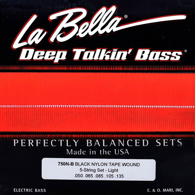 La Bella L-750N-B snaren set elektrisch 5-snaar bass, black nylon tape wound, light, 050-065-085-105-135 longscale