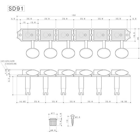 Gotoh SD-91-05MAN machine heads for guitar, 6x left, ratio 1:15, aged nickel button, aged nickel