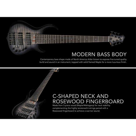 Sire M7+ A6/TBK Marcus Miller 6-snarige basgitaar, swamp ash met flame maple top, 35 inch, Heritage-3 preamp, Transparent Black