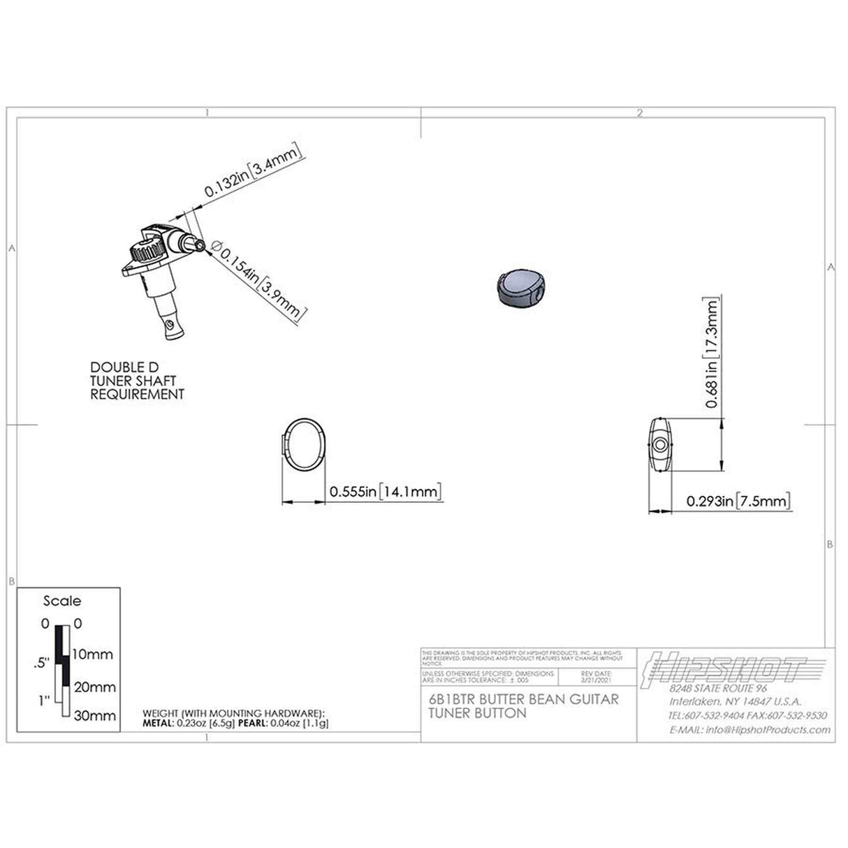 Hipshot HS6B1BTRB Butter Bean Stemknop voor Gitaarmechaniek Black, per stuk