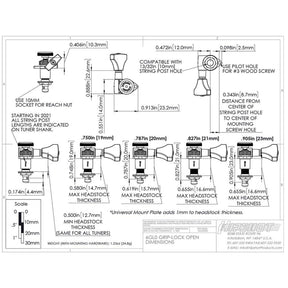 Hipshot HS6K1GL0GST guitar tuner upgrade kit, 6 inline Grip-Lock, open gold staggered