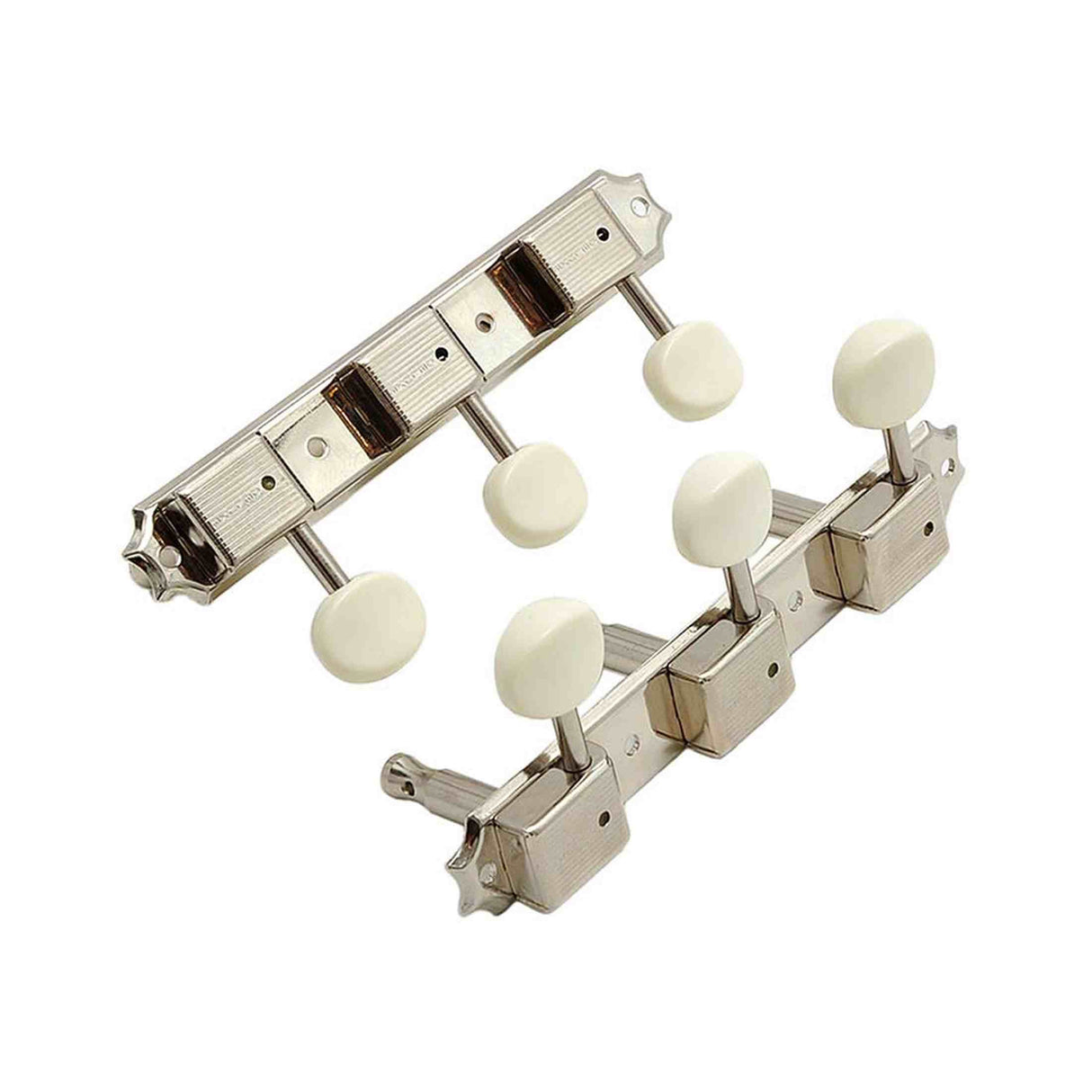 Kluson M90NP Stemmechanieken voor gitaar "Three on a Plate", 3x links + 3x rechts met plastic ovale knoppen, nikkel