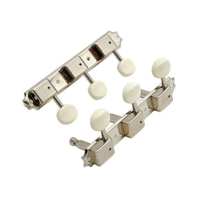 Kluson M90NP Stemmechanieken voor gitaar "Three on a Plate", 3x links + 3x rechts met plastic ovale knoppen, nikkel