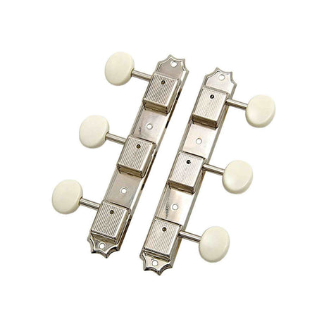 Kluson M90NP Stemmechanieken voor gitaar "Three on a Plate", 3x links + 3x rechts met plastic ovale knoppen, nikkel