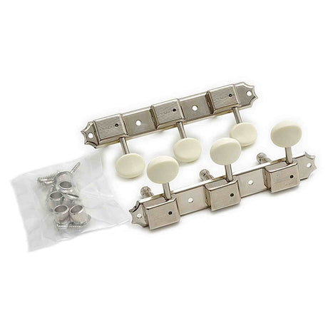 Kluson M90NP Stemmechanieken voor gitaar "Three on a Plate", 3x links + 3x rechts met plastic ovale knoppen, nikkel