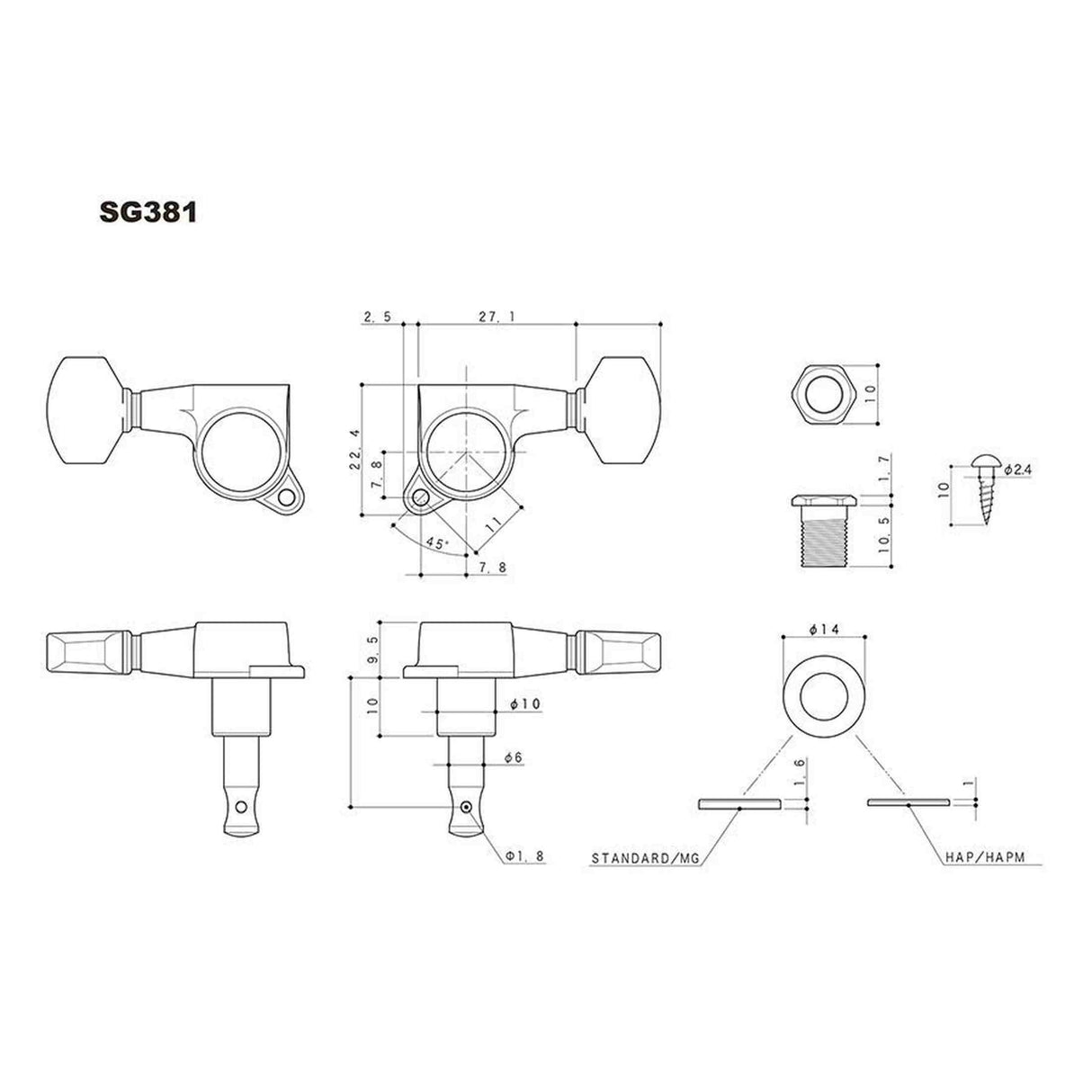 Gotoh GTH15339 SG381 stemmechanieken (posts 2xS 2xL 2xXL) met Magnum Lock Trad and 07 knoppen, 6R, chroom