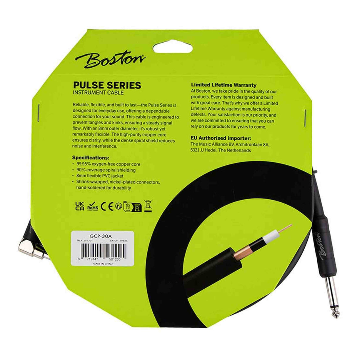 Boston GCP-30A Pulse Series instrumentkabel jack–haakse jack 3 meter