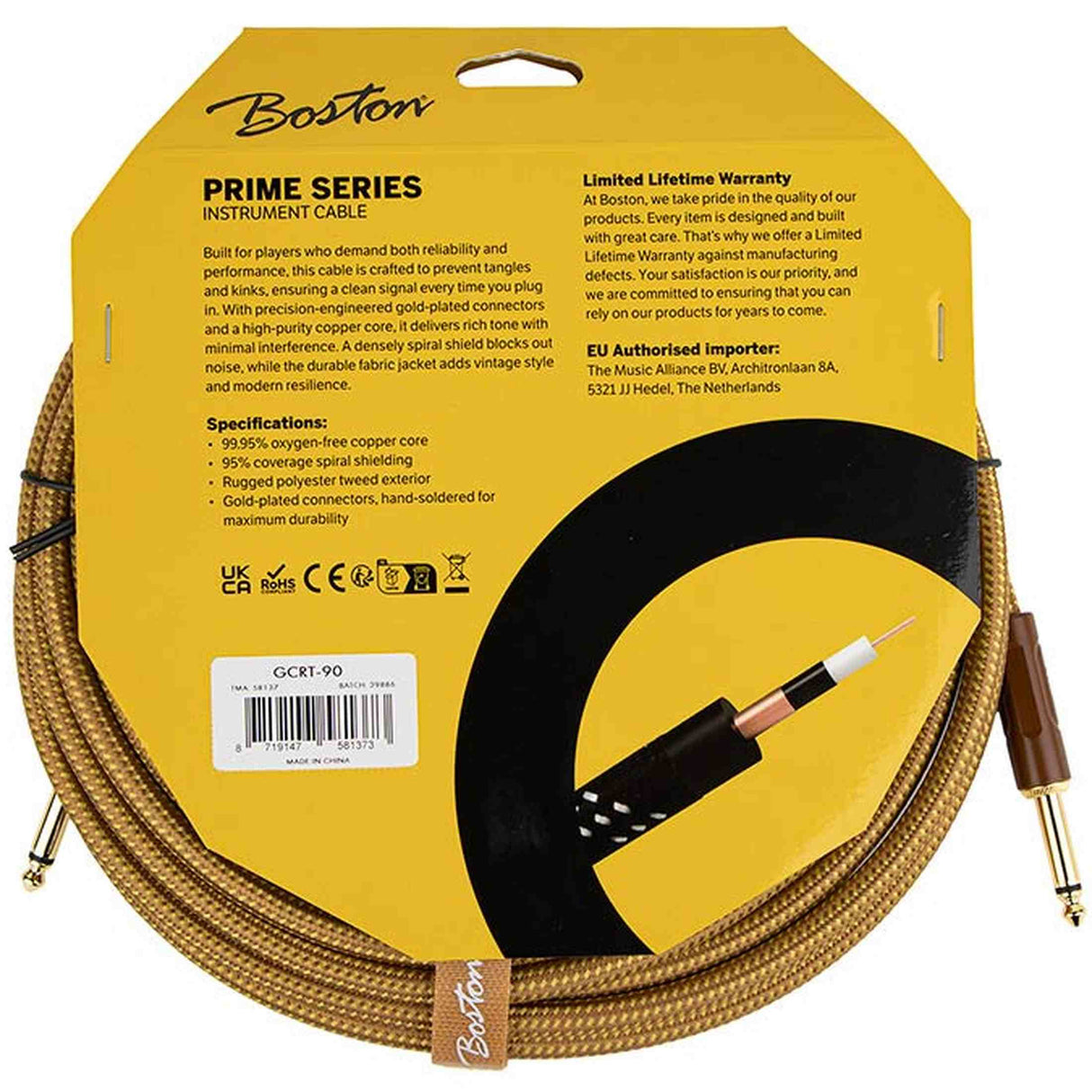 Boston GCRT-90 Prime Series woven jacket instrumentkabel jack-jack 9 meter yellow tweed