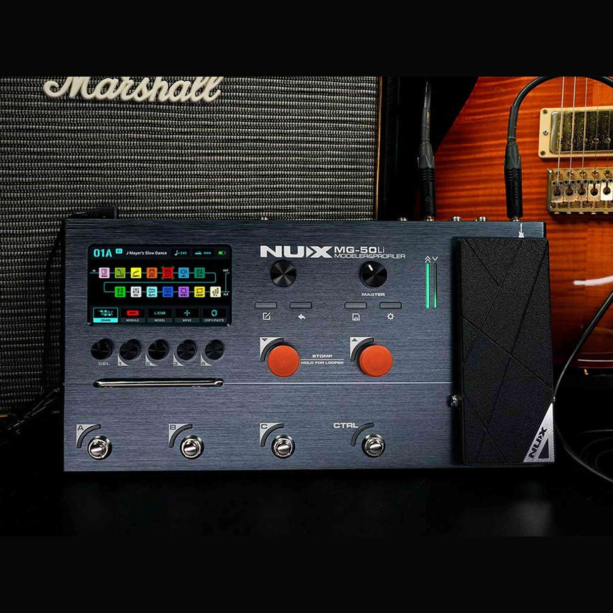 NUX MG-50Li DB Multi-Effects Processor with Amp Modeler, Profiler, Battery, USB Audio and Gig Bag, Dark Blue