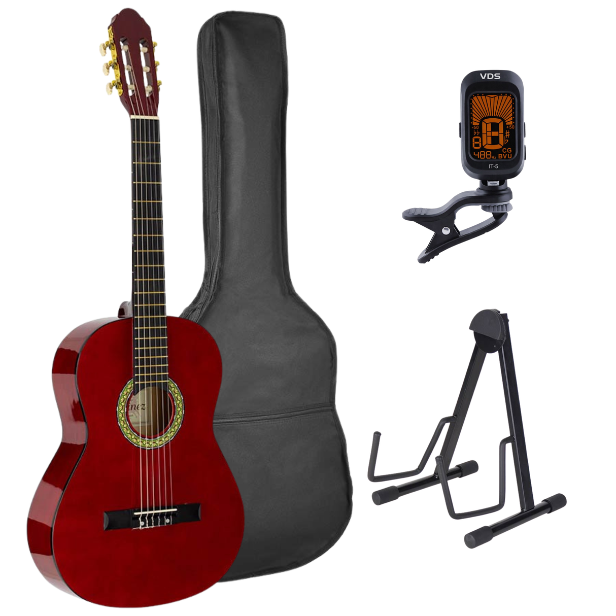 A. Martinez MTC-080/R 4/4 klassieke gitaar dark red met standaard, tas en tuner