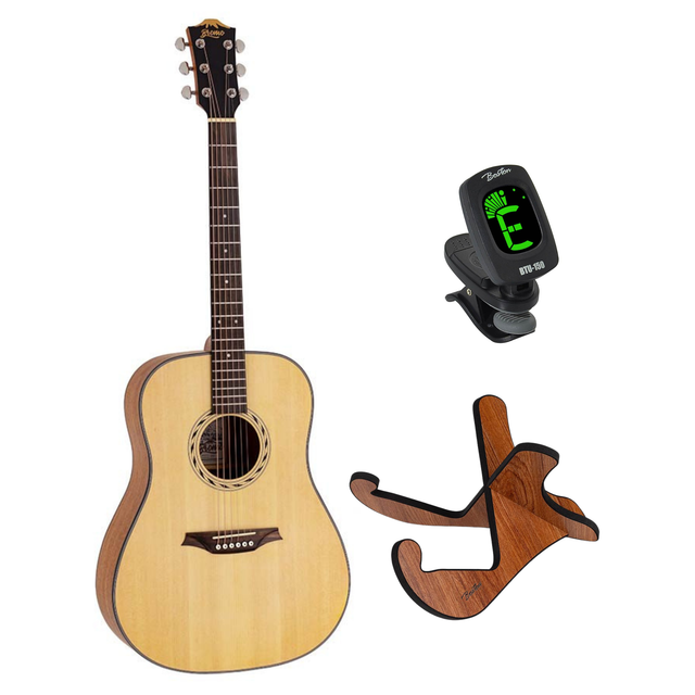 Bromo BAB1 akoestische gitaarset – dreadnought, sparren/mahonie, Amara ebony toets, naturel + stemapparaat en standaard