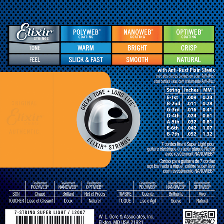Elixir 12007 Nanoweb elektrische gitaarsnaren Super Light 7-String 009-052