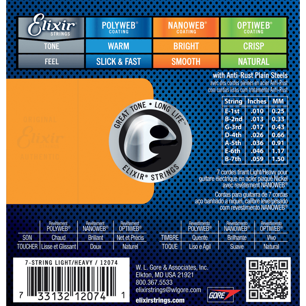 Elixir 12074 Nanoweb elektrische gitaarsnaren Light Heavy 7-String 010-059