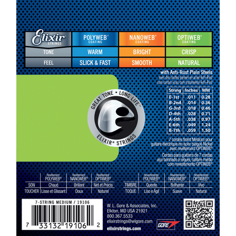 Elixir 19106 Optiweb elektrische gitaarsnaren Medium 7-String 011-059